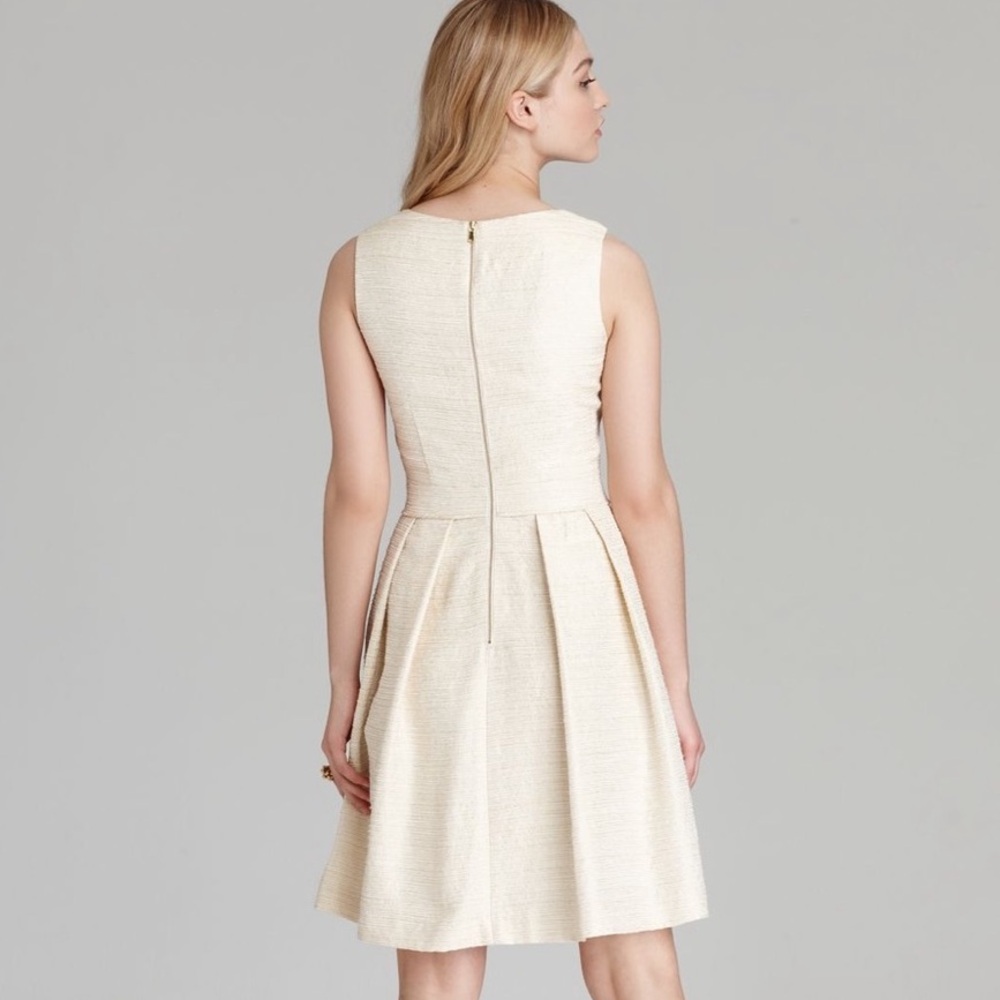 SHOSHANNA BEIGE &‎ GOLD SQUARE NECK FIT/FLARE GORGEOUS PLEATED COCKTAIL DRESS